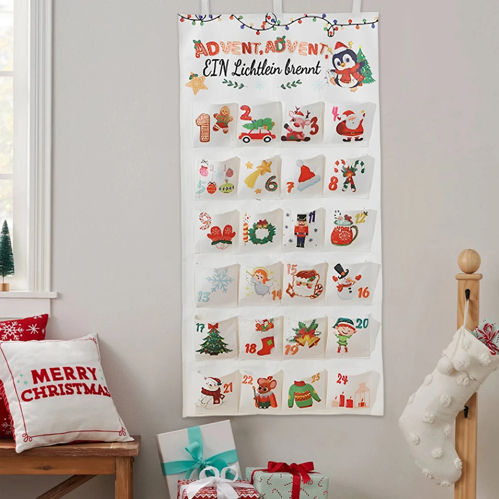 Fabric Christmas Advent Calendar Christmas Countdown Calendar Reusable Wall Hanging Ornaments with 24 Pockets Party Supplies