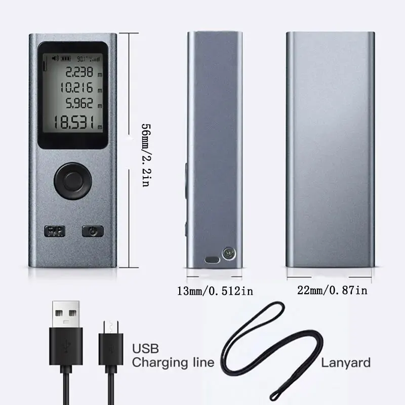 Mini Laser Rangefinder Digital Tape Measure Laser Ruler USB Charge Aluminum Alloy Fuselage Measuring Distance: 30m/50m