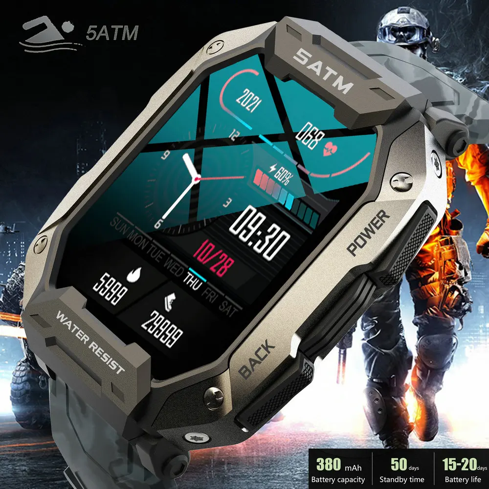 스마트 워치 남성용 충격 방지 밀리터리 스포츠 시계, 방수 1.71 인치 혈압, 고품질 스마트워치 선물