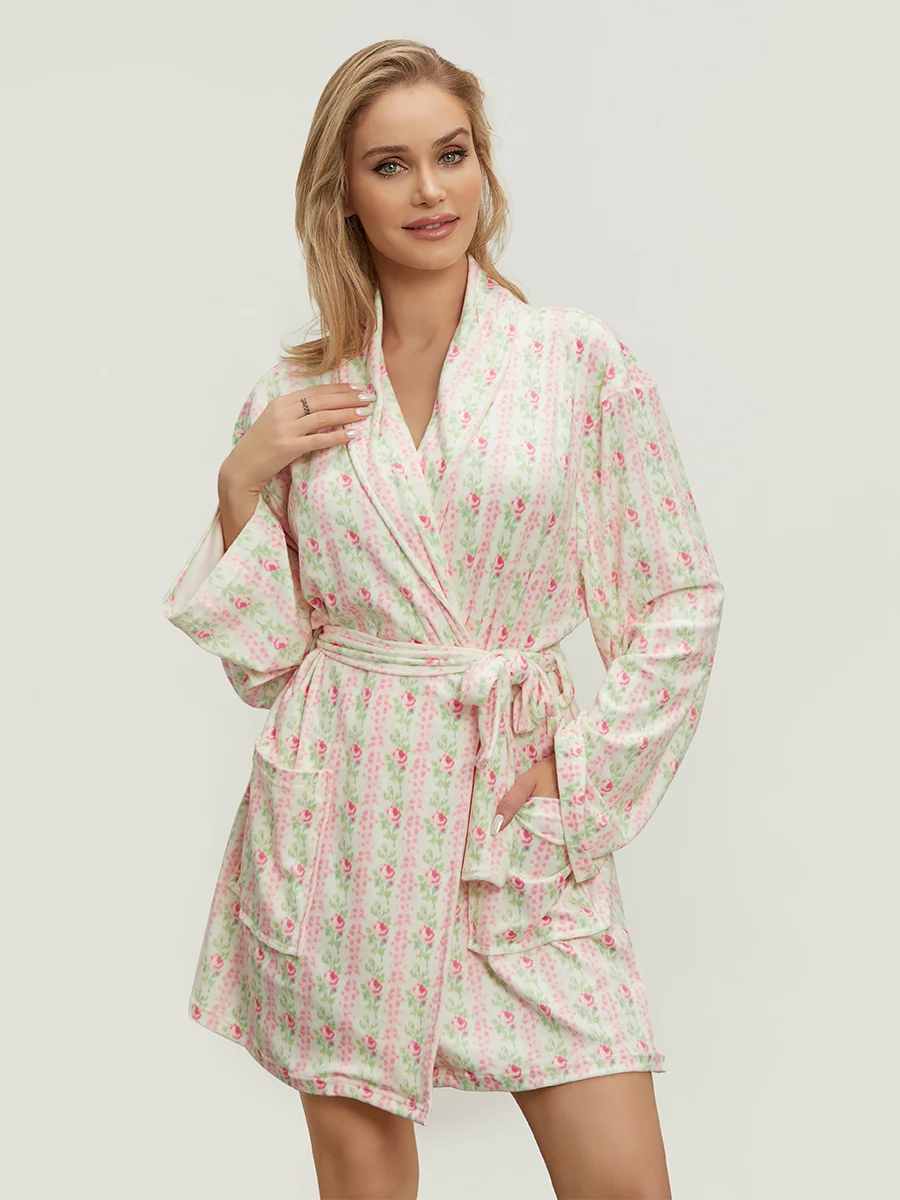 

Women's Spring Autumn Sleep Robe Floral Prints Long Sleeve Lapel Belted Nightgown with Pockets Female Leisure Style Sleepwear