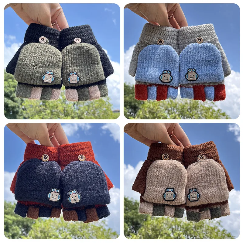 

Новые детские перчатки с открытыми пальцами и мультипликационным рисунком, зимние теплые милые кашемировые вязаные перчатки для детей 4-12 лет
