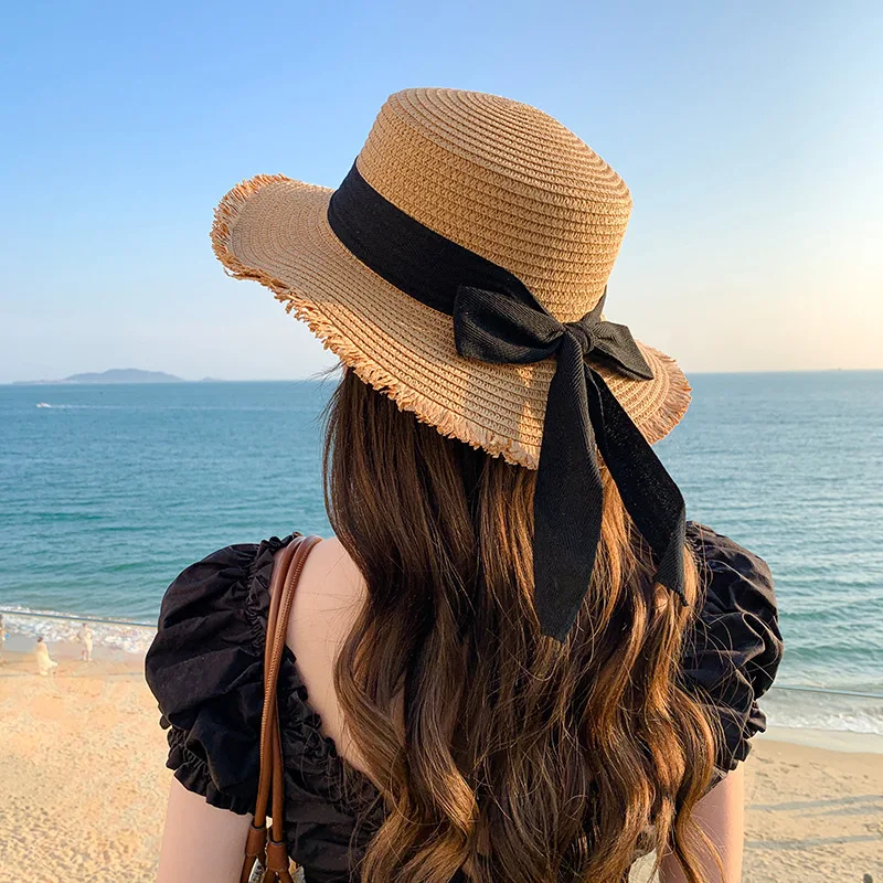 Korean Bow Women Straw Hat Summer Sunscreen Flat Top Fisherman Cap