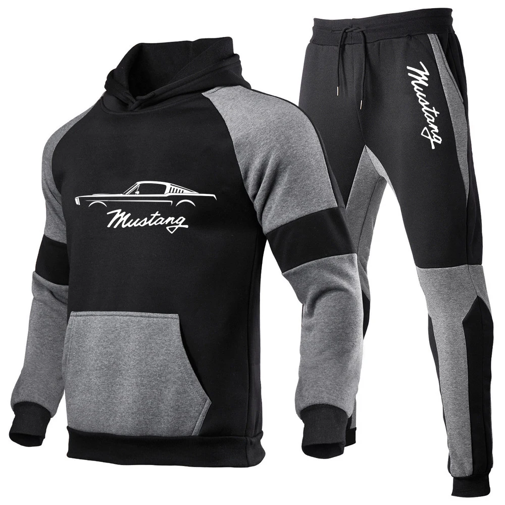 2023 Men New Mustang Car Logo Patchwork Men Tracksuit+Sweatpants Suit Autumn Winter Warm Sportswear Sets Hoodie Pullover