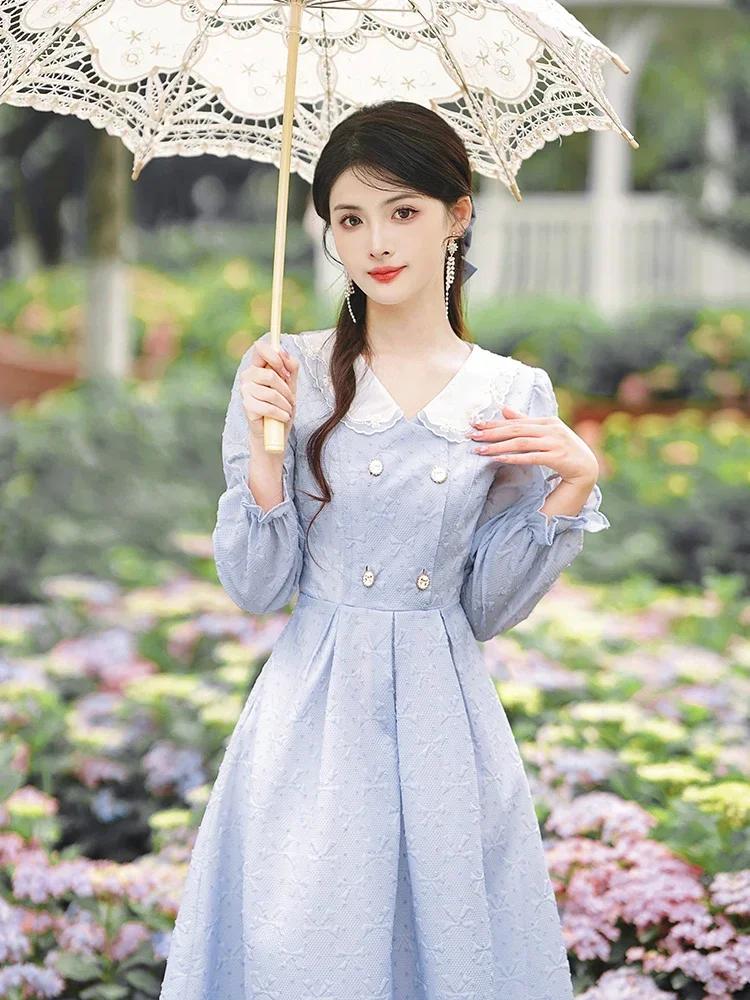 

Retro French Style Woman Dress Vintage Victorian Design Lace Peter Pan Collar Elegant Lady Midi Dresses Faldas Vestido Longo