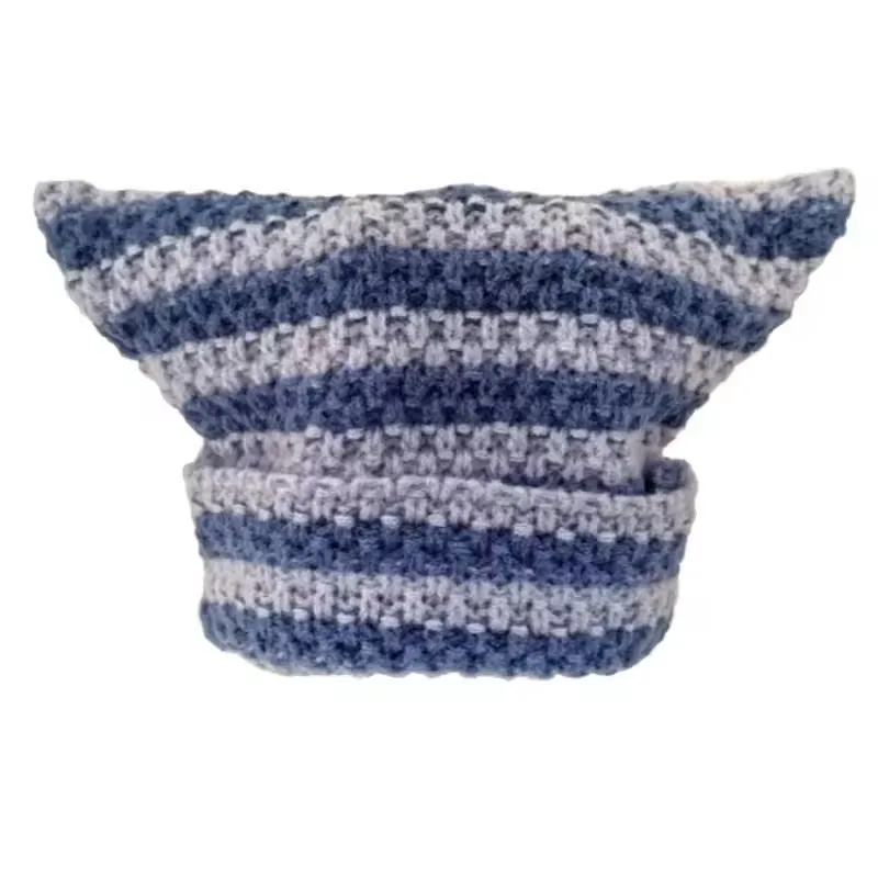 Chic Little Devil Striped Beanie with Cat Ears - Cozy Knit Wool Cap