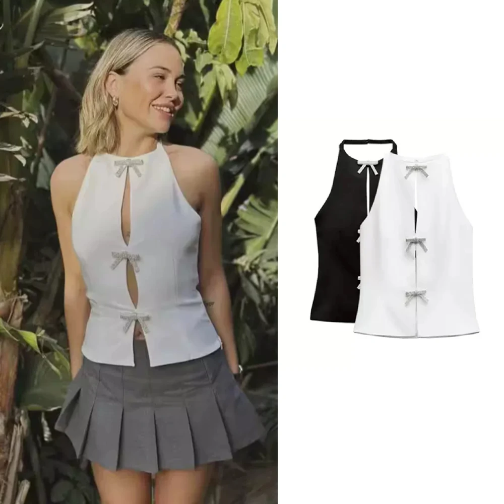 

BSY&TRAF Women's 2024 Spring New Style Front Slit Jewelry Bow Decorated Halter Neck Slim Top 2793777