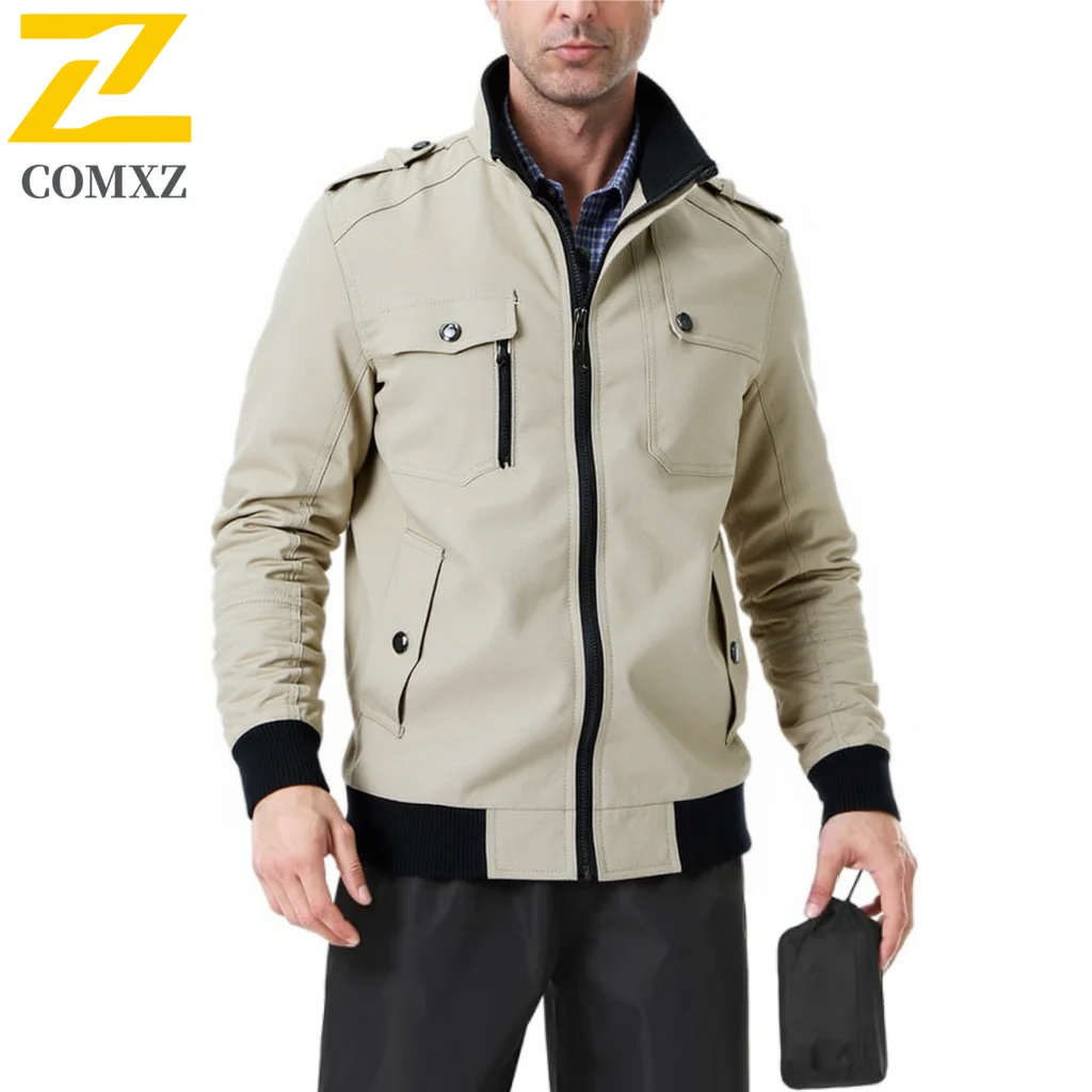 EiAO Mens Casual Solid Color Jacket Lightweight Cotton Zipper Stand Collar Loose Fit Outdoor Windbreaker Autumn Thin Coat​