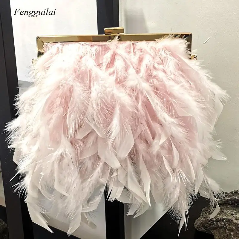 Autumn Winter Luxury Real Ostrich Feather Handbag Women Evening Bags Purse Pink White Dinner Party Clutches Ladies Messenger Bag