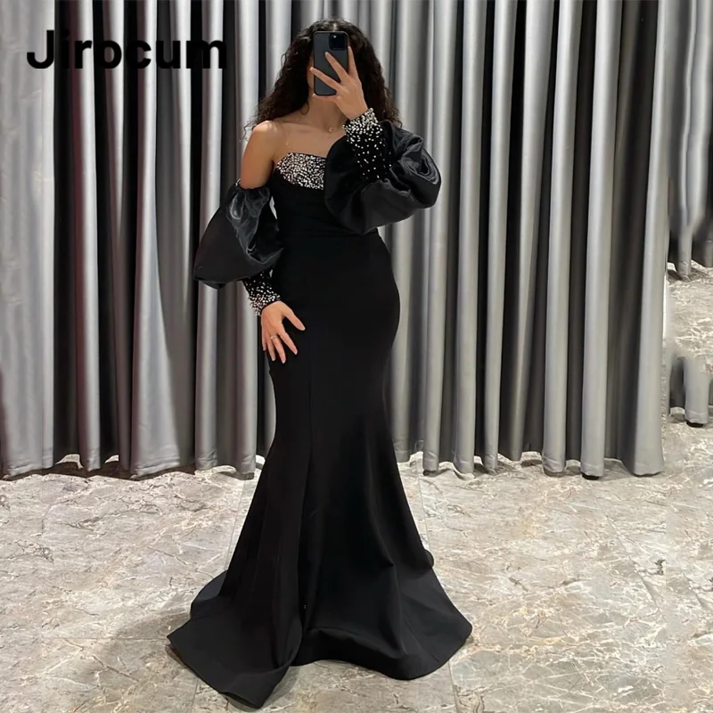 

Jirocum Sexy Mermaid Prom Dress Women's Long Puff Sleeve Sparkling Beaded Party Evening Gown Floor Length Formal Occasion Gowns