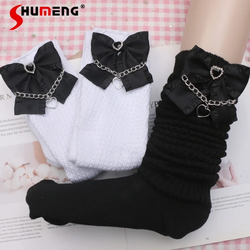 

Japanese Rojita Style Mine Ruffled Bow Love Pendant Long Socks Bunching Socks Sweet Cute Long Stockings Black White Color Female