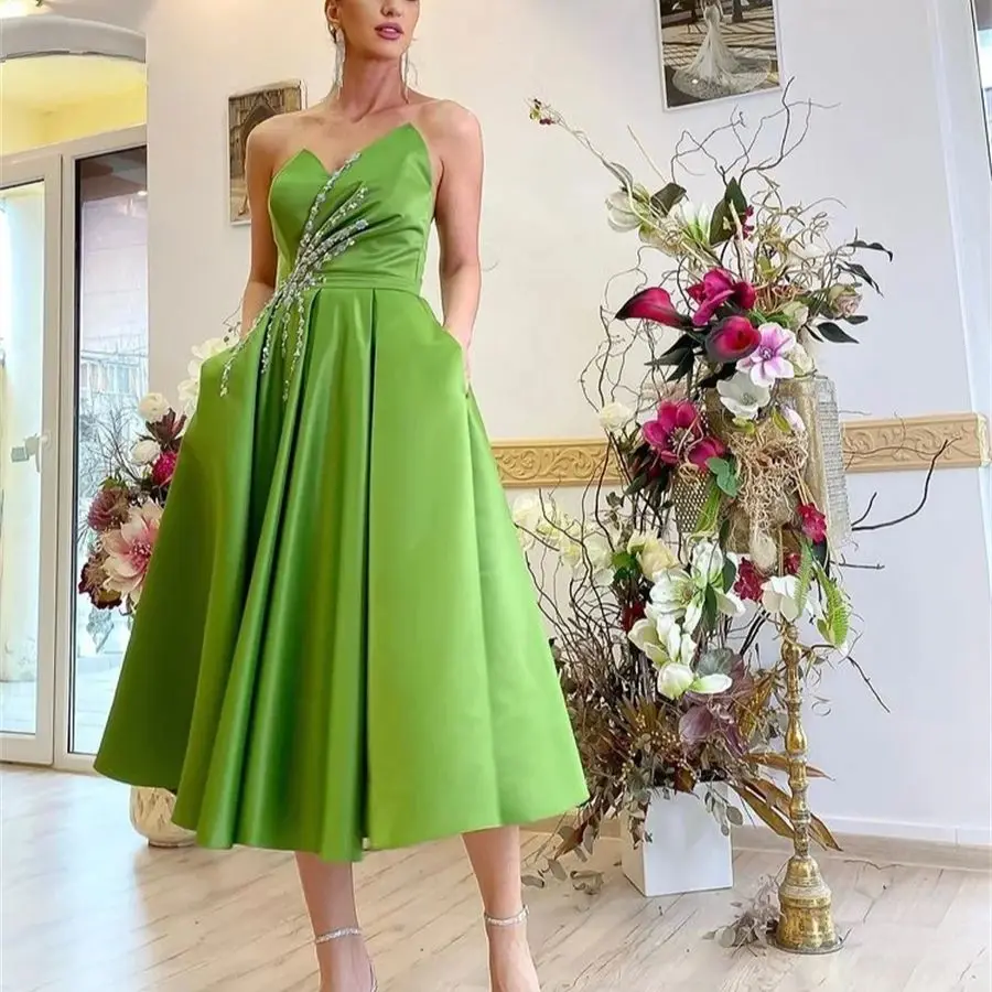 

Strapless Crystals Matte Satin Green Ankle Length Cocktail Dress Abendkleider Elegant Für Hochzeit Luxus Vestidos Cortos Elegant