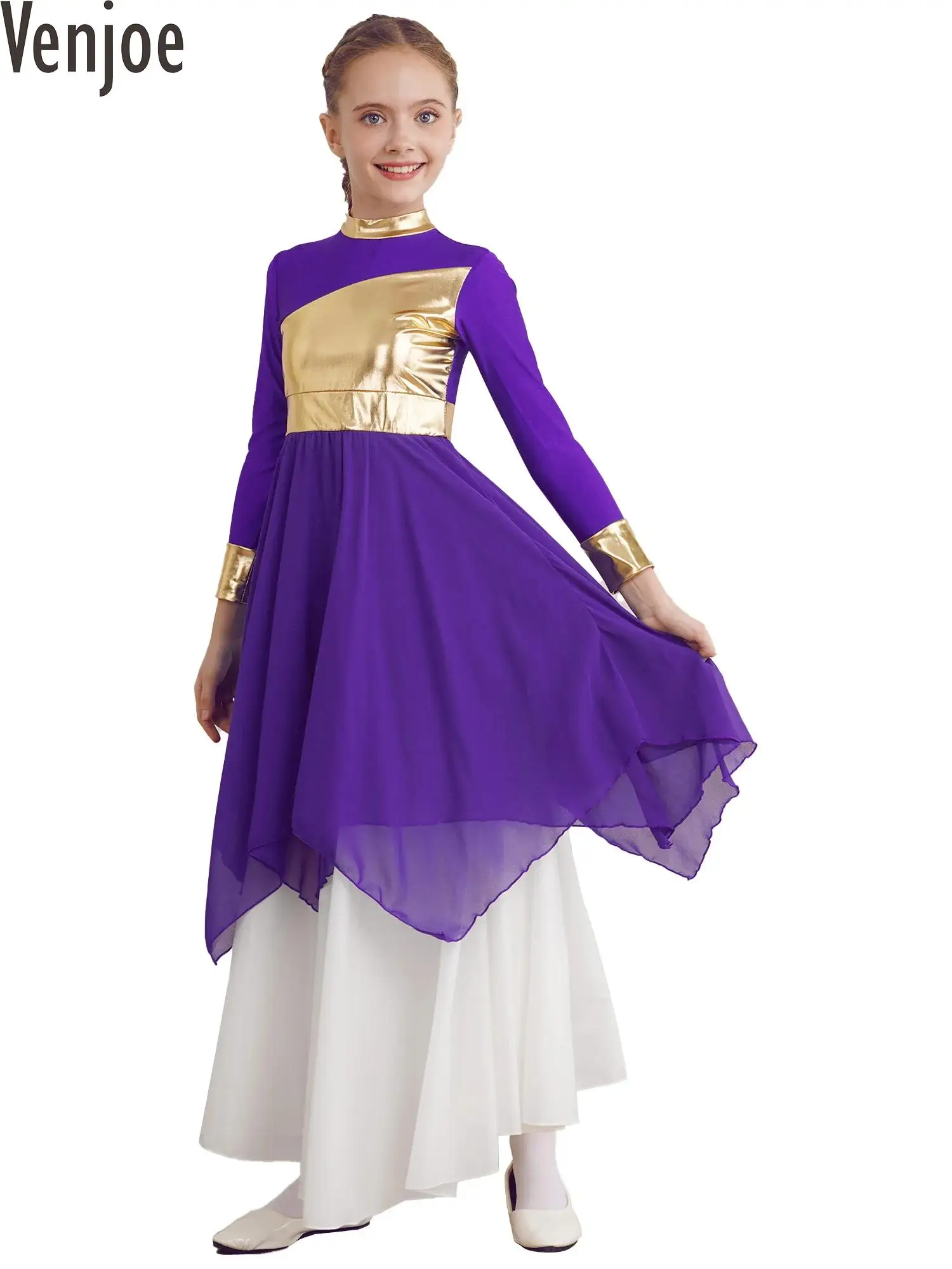

Kids Girls Modern Lyrical Dance Dress Long Sleeve Christian Liturgical Praise Church Worship Costume Ballerina Dancewear