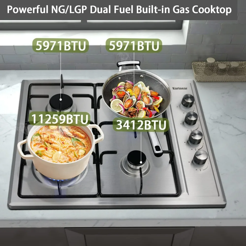 24 Inch Gas Cooktop 4 Burners, Built-in Stainless Steel Gas Hob, NG/LPG Dual Fuel Stovetop with Thermocouple 2