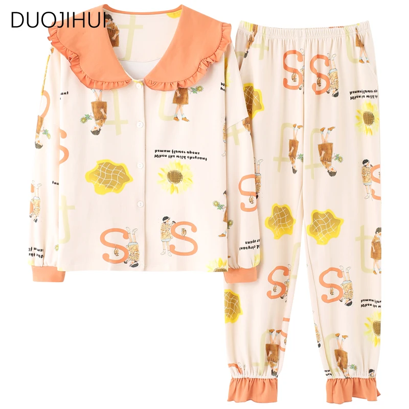DUOJIHUI Two Piece Chicly Sweet Printing Loose Female Sleepwear Basic Button Cardigan Fashion Pant Casual Home Pajamas for Women
