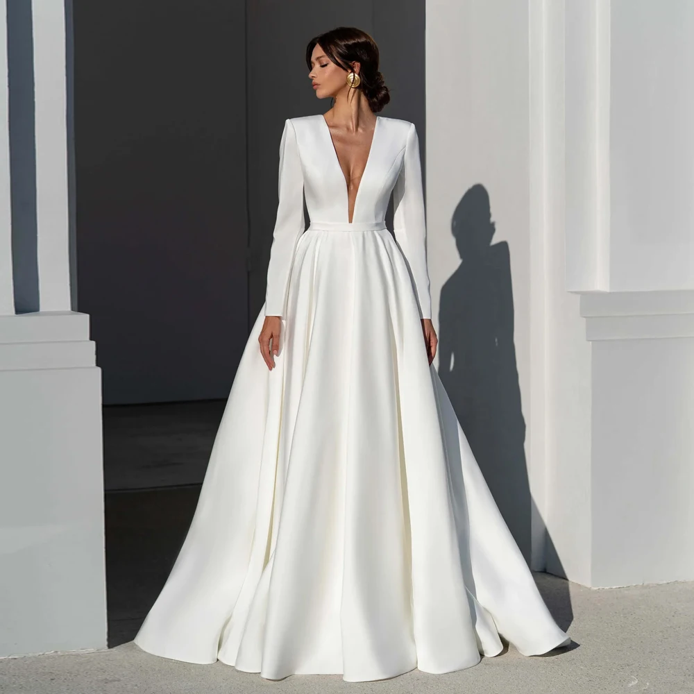 

Classic V Neck A-Line Wedding Dresses Long Sleeves Floor length Bridal Growns Sheer V Back Beads Satin Vestidos De Novia 2024