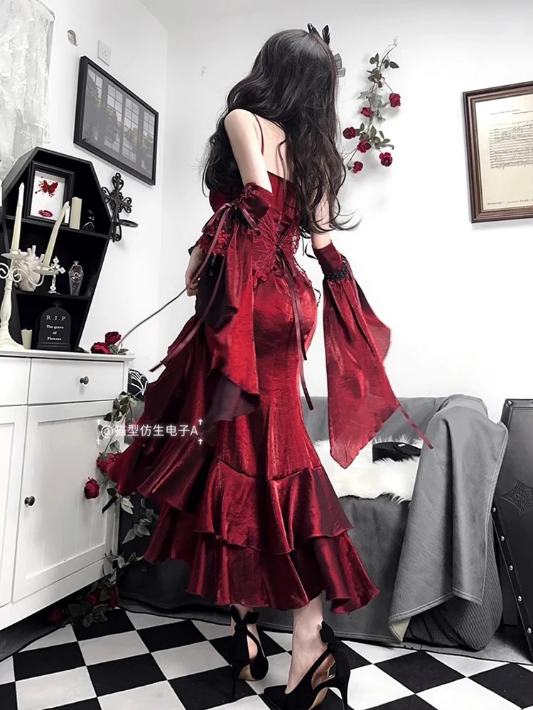 Red Rose Fishtail Dress Women New Spring Summer Lolita Sweet