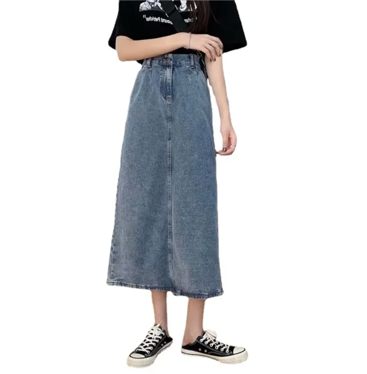 Women's Back Slit Blue Denim Skirt Pockets High Waist Slim Zipper Midi Skirts Spring Female Casual Cotton Streetwear Skirts