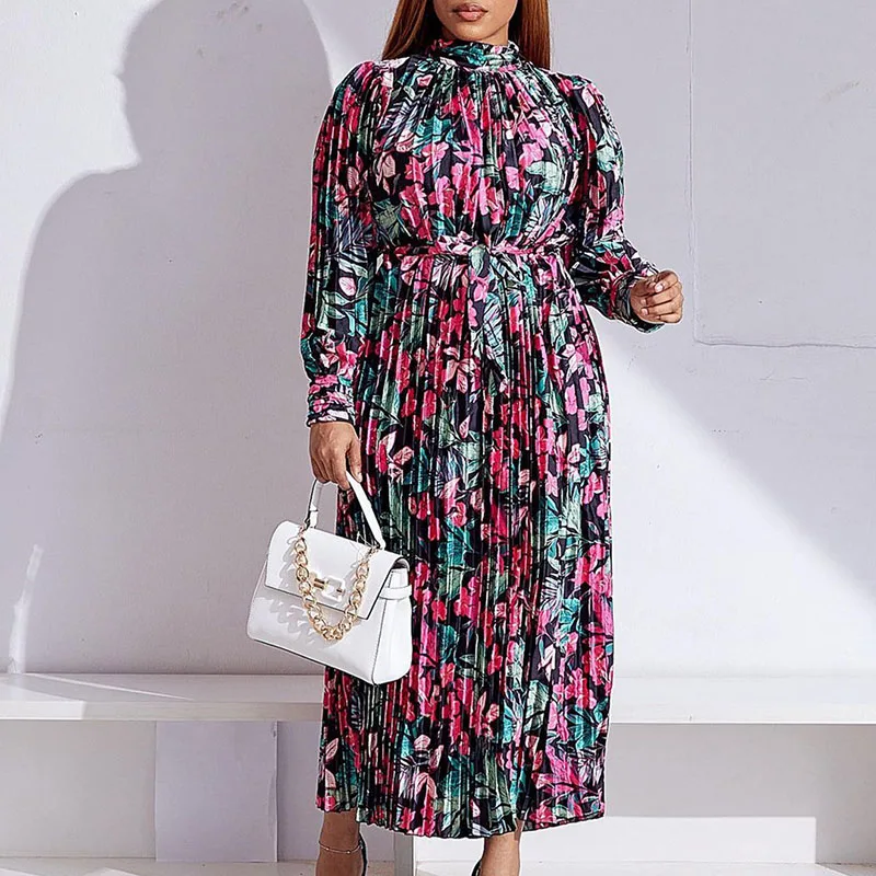 

Dashiki African Dresses for Women Elegant Office Lady Spring Autumn Printed Pleated Fashion Big Swing Long Dress Women With Belt