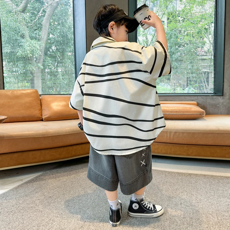새로운 어린이 디자이너 소년을위한 비대칭 줄무늬 셔츠 여름 짧은 소매 코튼 블라우스 탑 어린이 복장 십대 옷 5-14Y