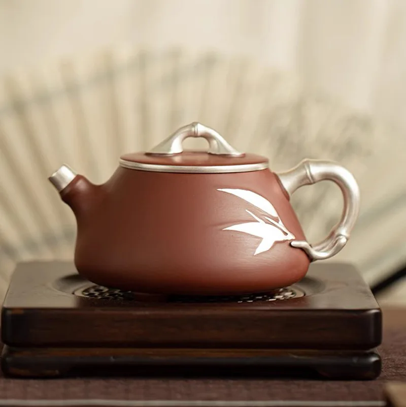 Chinese Style Silvering Bamboo Pattern Teapot, Purple Clay Raw Ore Dahongpao, Kung Fu Household, Handmade, 230ml, Pots, New, 1Pc