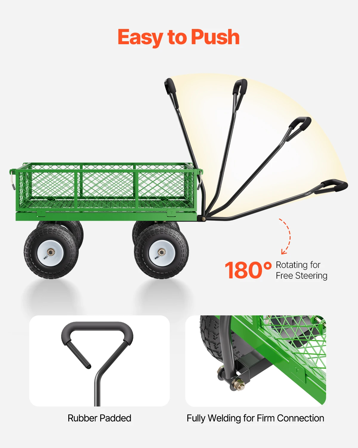 Steel Garden Cart on Wheels Pullable Metal Yard Wagon Carts 180&deg;Rotating Handle For Yard