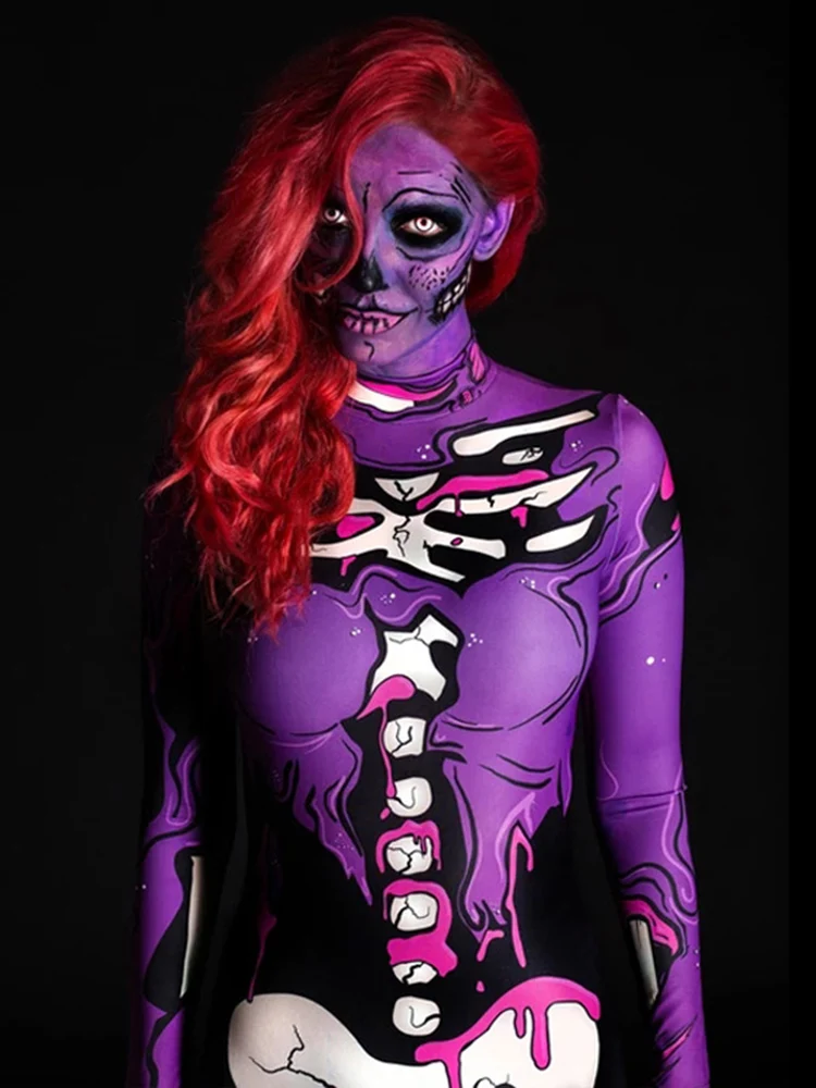 New Women Human Skeleton Bodysuit 3D Horror Devil Ghost Specter Cosplay Jumpsuit Halloween Carnival Party Performance Costumes 1