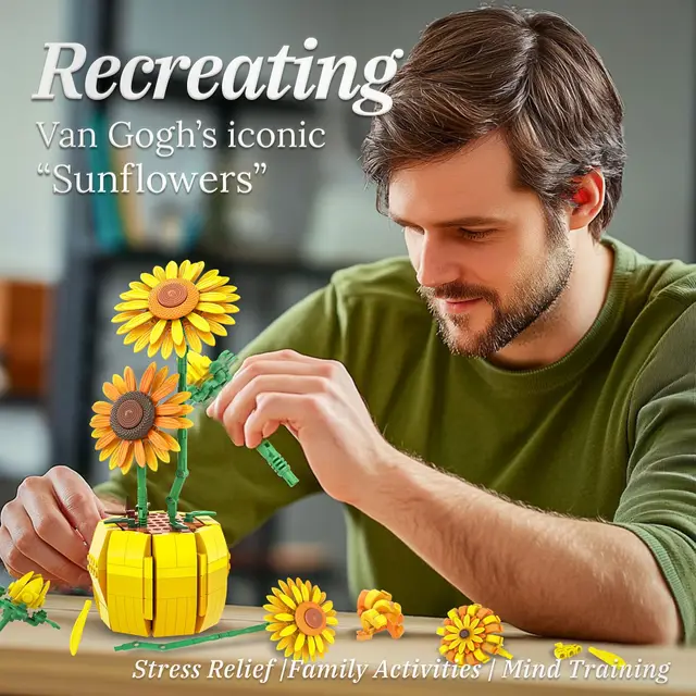 1009PCS Sunflower Building Blocks Flower Bouquet Vase Model Bricks Set Idea Home Decoration Kids Educational Toys Holiday Gifts 4