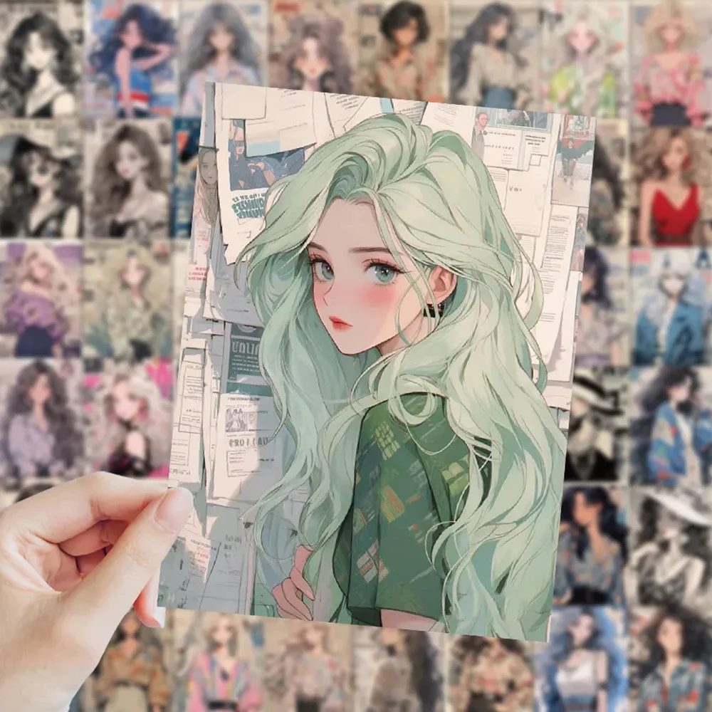 Pack of Vintage Anime Girls Waterproof Stickers – Decorative Retro Kawaii Decals for Laptop, Stationery, and Diary