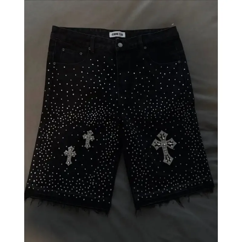 Cross hot diamond embroidery oversized denim shorts for men summer comfortable casual skateboarding