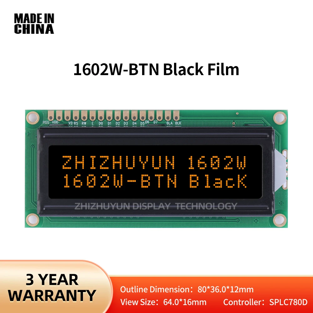 Lcd1602W Serial LCD Display Screen BTN Black Film Orange Font 16X2 LCD16X2A LCD Screen Spot Module Lcd Display Module Display Module