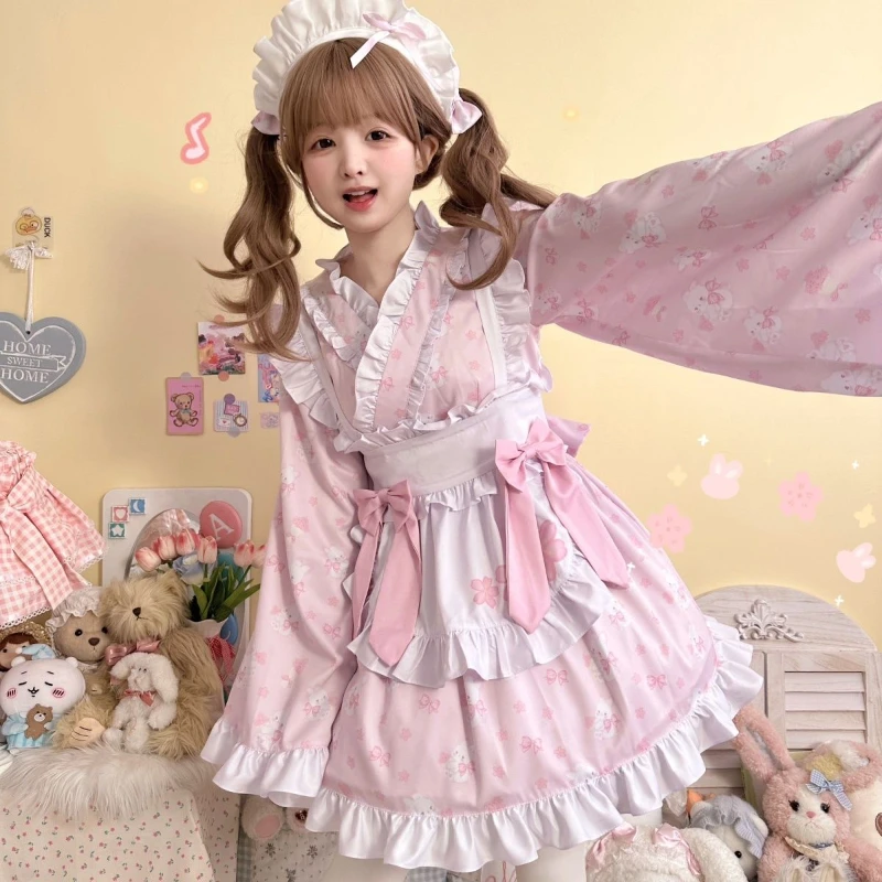Japanese Kawaii Lolita Dress Women Sweet Cute Bunny Print Bow Party Mini Dresses Harajuku Y2k Ruffes Apron Maid Lolita Set