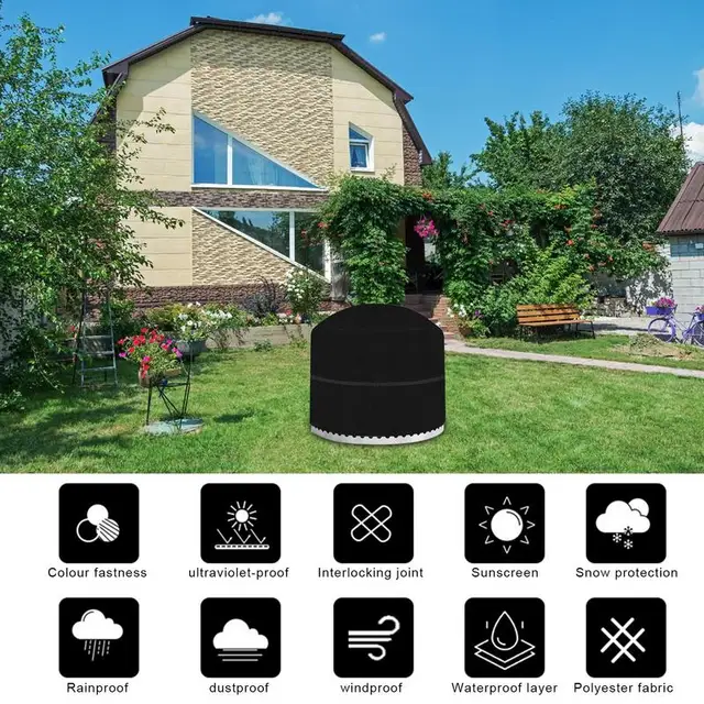 Kerek Tűz Pit Borítója 210D Vízálló Tűzhely Borító Szabadtéri Kandalló Burkolat Időjárás-Rezisztens Fekete Nagy Teherbírású Oxford - Image 4