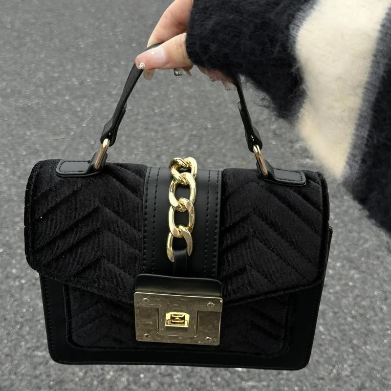 JIAERDI Retro Black Velvet Luxury Bags Women Square Chain Gold Lock Shoulder Bag Ladies Fashion High End Versatile Crossbody Bag