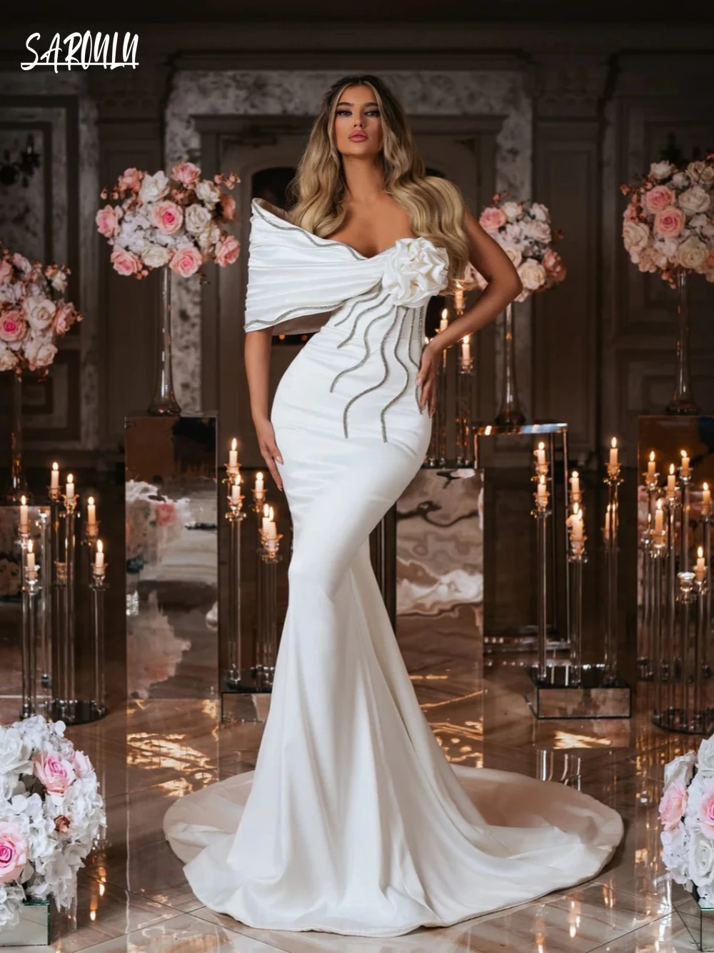 

Romantic Mermaid Weeding Dress Elegant One Shoulder Bride Robe Beading Crystals Floor-length Bridal Dresses Vestidos De Novia