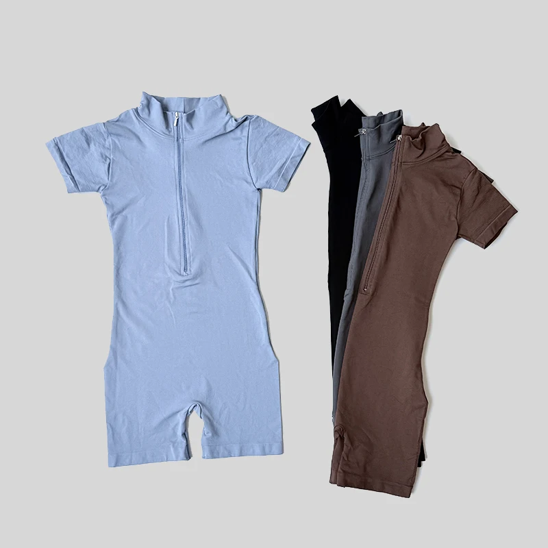 Combinaison d'été à manches courtes avec fermeture éclair, tenue de sport, Fitness, body pour femmes, course à pied, vêtements d'entraînement à la mode