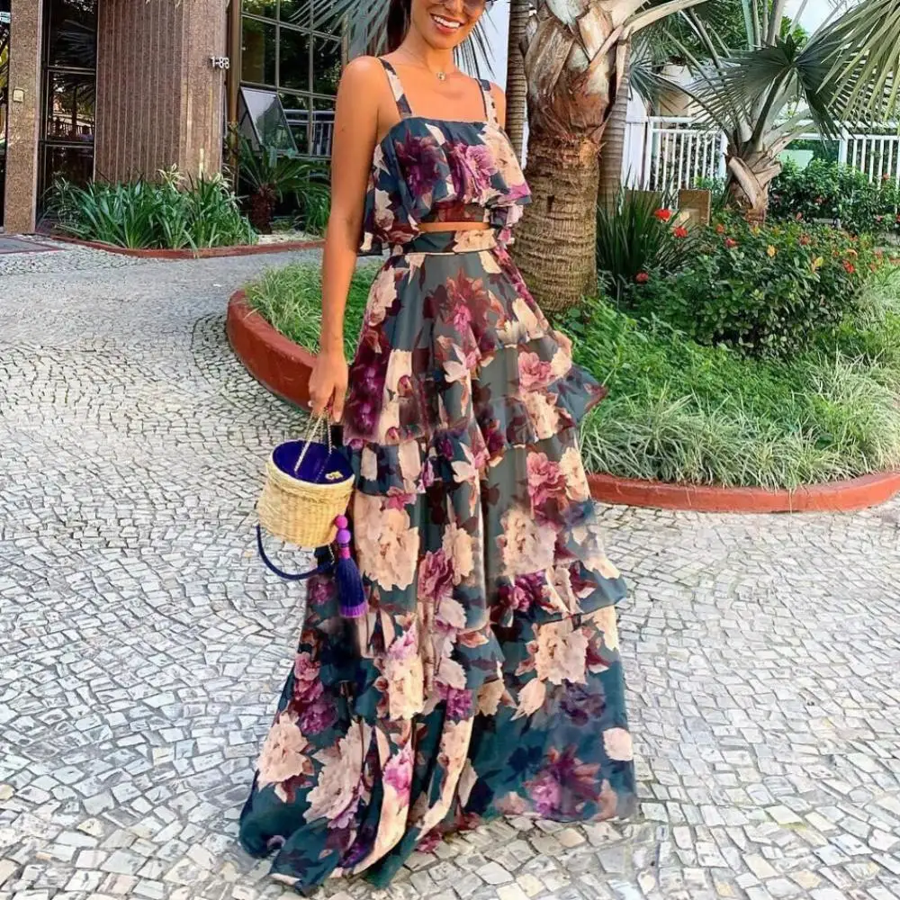 

Summer Women Fashion Floral Printed Sling Vest Crop Top Ruffle Long Skirt Set dresses for women 2021 elegant wedding party