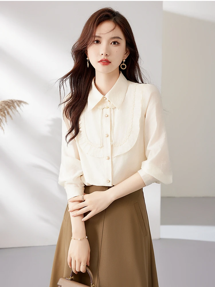 

Vimly Women's Chinese Style Shirts 2023 Autumn Fashion Lace Ruffles Puff Long Sleeve Top Office Lady Button Down Shirts M2737