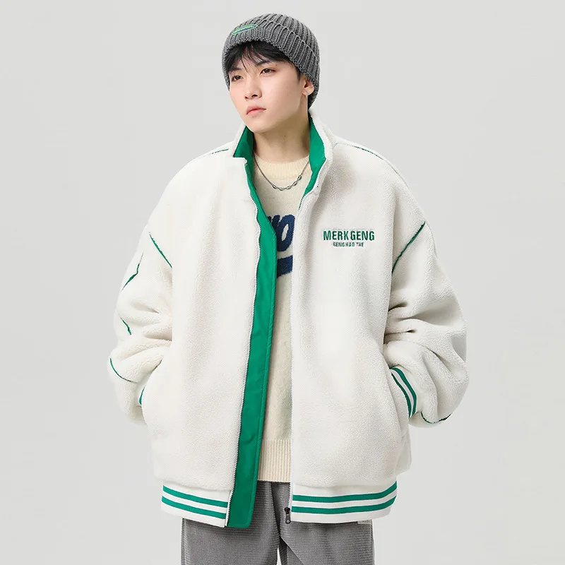 Winter Jackets Imitation Lamb Wool High Collar Thickened Warm Jacket Men Korean Fashion Contrast Color Loose Cotton Coat Parkas