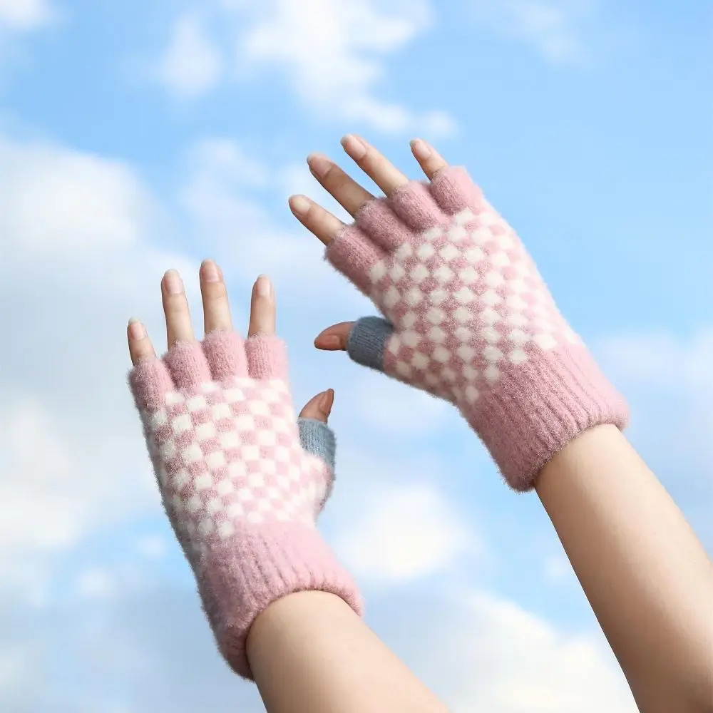 

Short Chessboard Grid Gloves Elastic Contrasting Colors Keep Warm Fingerless Gloves Wool Mittens Half Finger Gloves Student