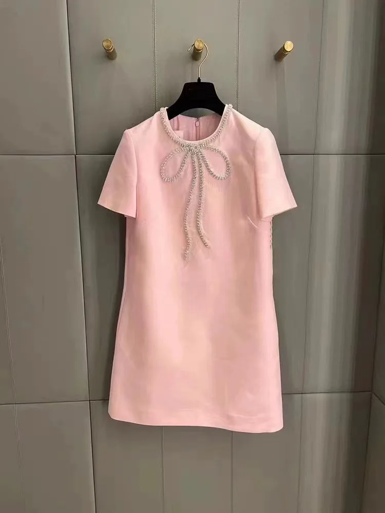Fashion Short Dress Hotsweet Diamond Beading Bow Solid Color O Neck Elegant A-line Dresses Women 2025 Spring Summer 23A9653