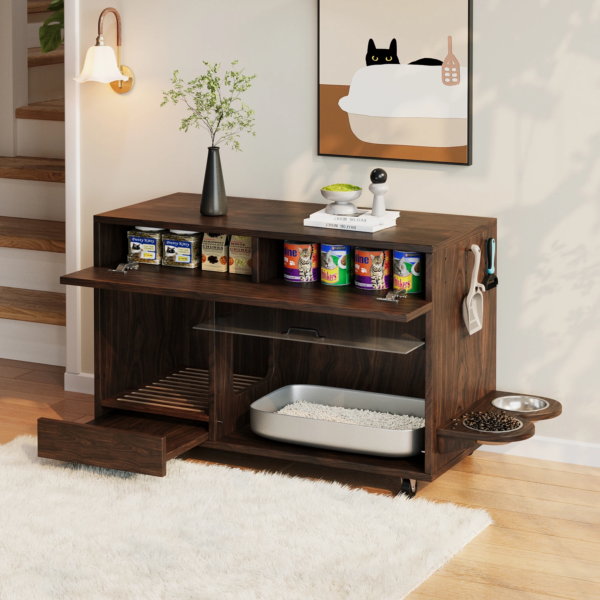 Mobiler Katzenklo-Schrank (Katzenklo-Unterschrank) – mit Futtertöpfen, Streuablage, perforiertem Paneel mit Hakenlöchern – Detail 7