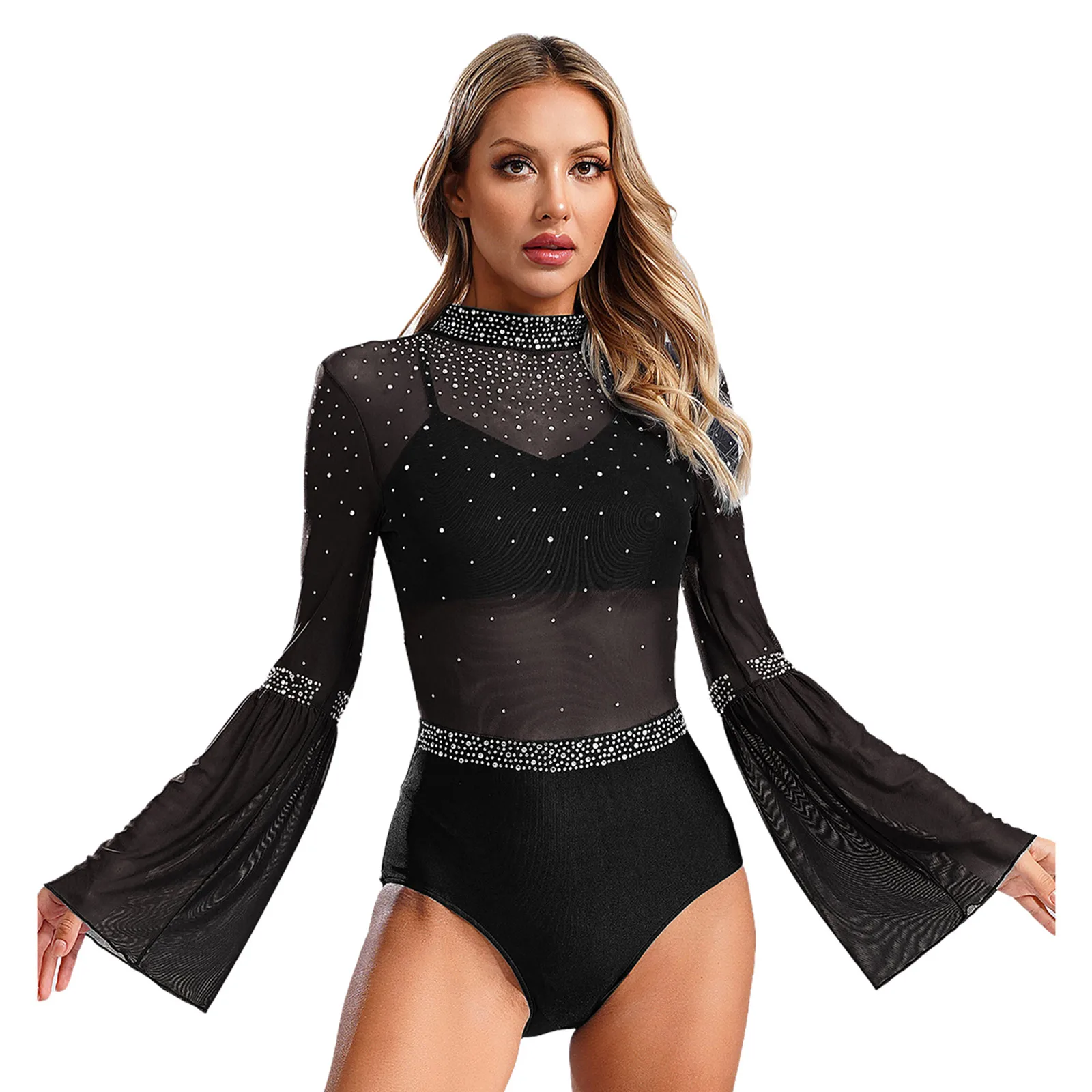 Women's Figure Skating Bodysuit Rhythmic Gymnastics Jumpsuit Flare Sleeve Ballet Dance Leotard Dancewear Performance Costume