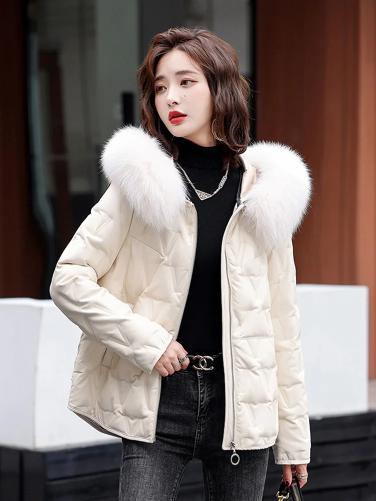 New Women Leather Down Jacket Autumn Winter Casual Fashion Hooded Real Fox Fur Collar Loose Sheepskin White Duck Down Coat