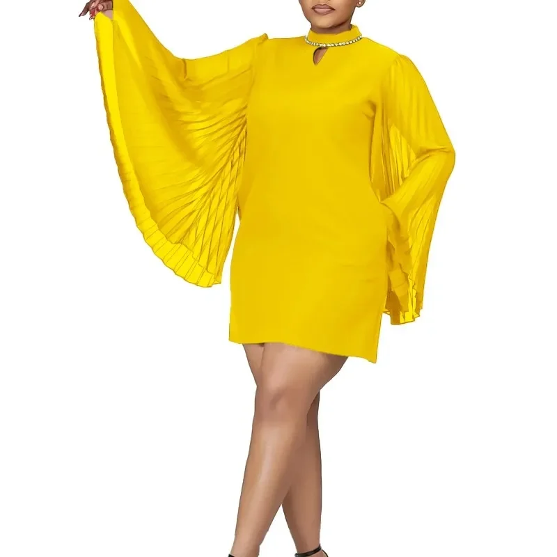 

Dshiki Africa Clothing African Dresses for Women Summer Fashion African Long Pleat Sleeve Polyester Yellow Red Black Mini Dress