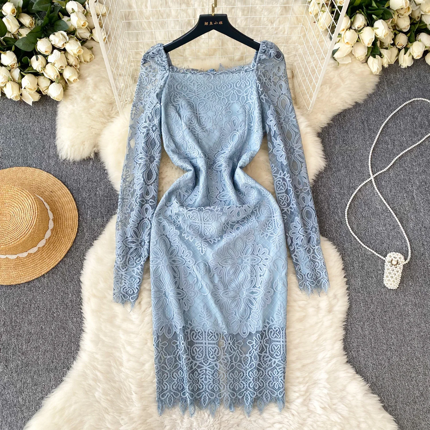

MSHARBOR Sexy Square Neck Embroidery Lady Long Dress Irregular Hemline Slimming Socialite Business Gathering Lace Pencil Dress