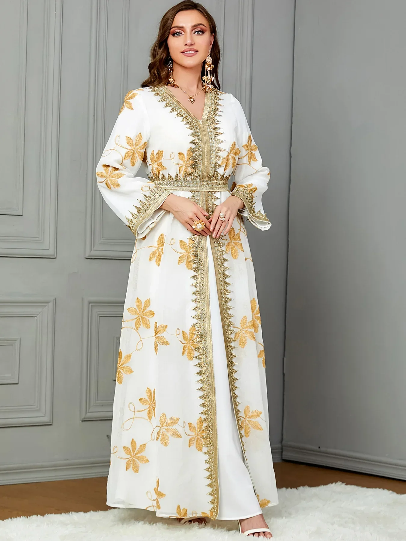 Autumn Muslim 2 Piece Open Abaya Set A-line Party Long Dresses Abayas for Women Under Dress Suits Islam Outfit Dubai Kaftan Robe