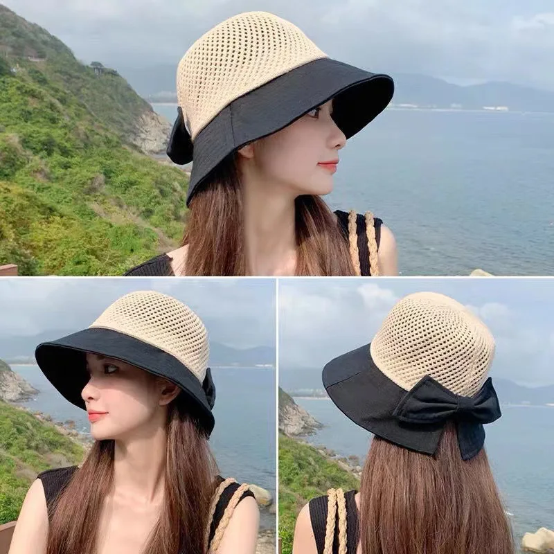 

Outdoor UV Protection Sun Hat Summer Women's Bucket Foldable Basin Sunscreen Cap Bow Hollow Stitching Panama Hats Fisherman