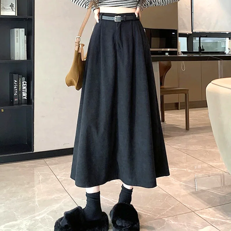 

Women Solid Color Corduroy Skirt Long With Belt High Waist Pleated A-Line Elastic Elegant Winter Vintage