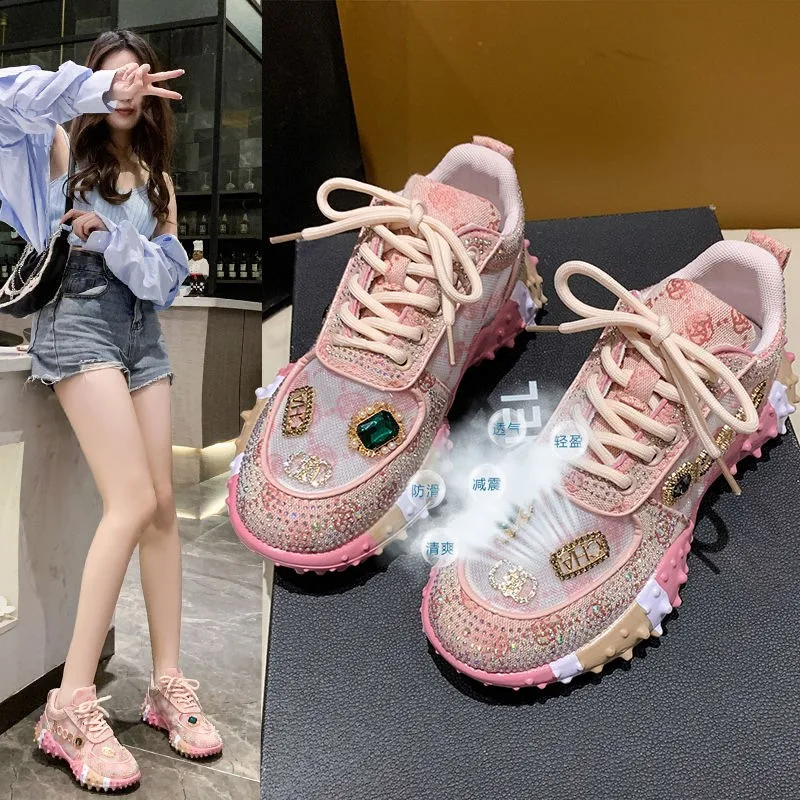 New Women Summer Autumn Sneakers with full Rhinestone Fashion 35-40 Platform Sport Shoes Sapatillas de mujer Tenis White 6982