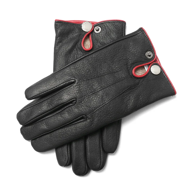 

Genuine Leather Gloves For Men Winter Fleece Thickened Warm Riding Mittens Male One Button Red Edge Driving Touch Screen Luvas